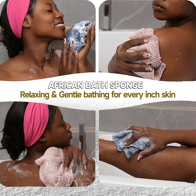 SubSahara Authentic African Net Sponge - 2 Pieces Exfoliating Scrubber for All Skin Types, Bath Sponge for Face & Body, Travel Portable, Durable, Gentle Exfoliation (Slate Blue & Bean Paste Pink)