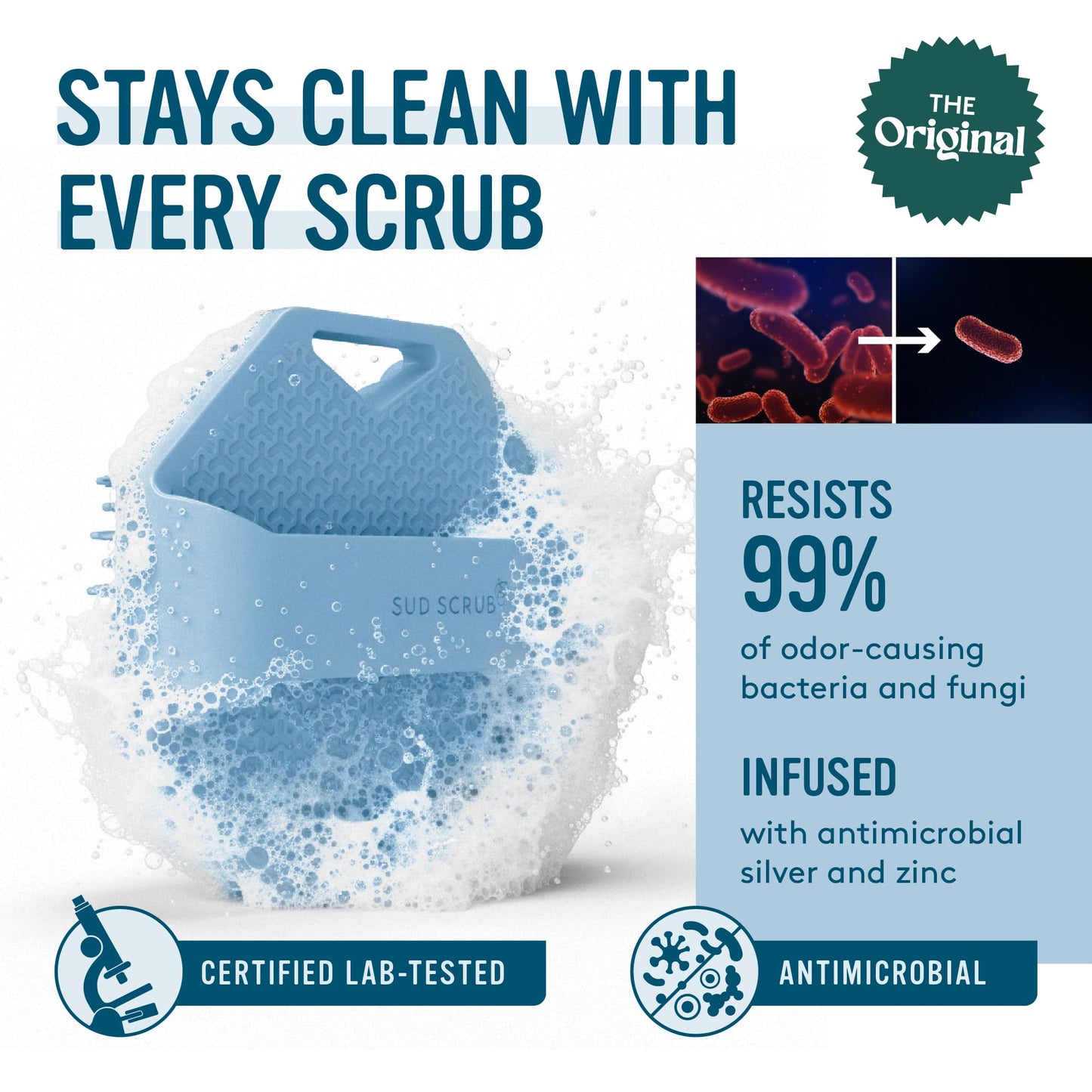 Sud Scrub® Antimicrobial Silicone Body Scrubber, Exfoliating Body Brush for Sensitive Skin, Antibacterial Shower Scrubber for Body, Bathroom Essentials for Men & Women, Blue