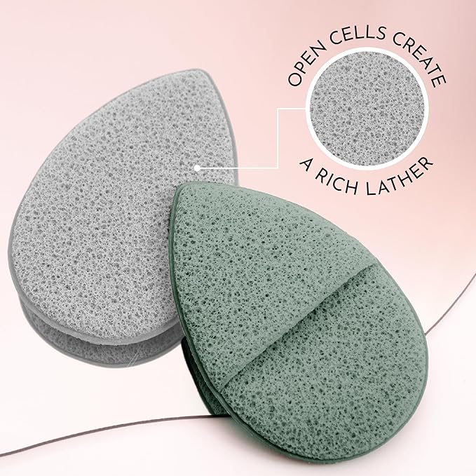 S&T INC. Face Scrubber Exfoliator, Facial Sponges for Face Wash, Reusable Makeup Remover Exfoliating Pads, Gray and Sage, 2.6 in x 3.9 in., 2 Pack