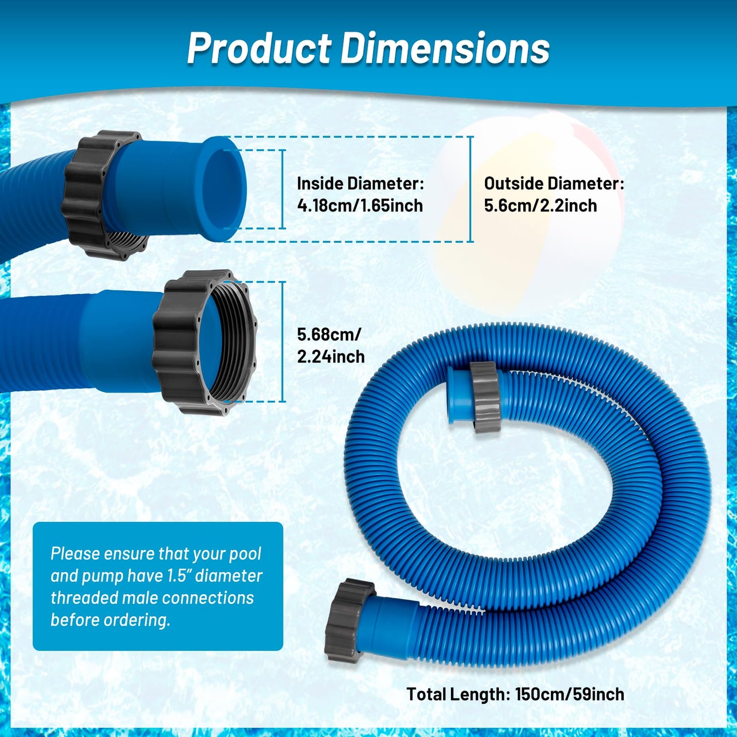 IDEASURE 1.5" Diameter 29060E Pool Pump Hoses for Above Ground Pools - 59" Long Pool Hoses for Intexx Cole man Filter Pumps, Sand Filters & Saltwater Systems with 1,500 to 2,500 GPH Capacity, 2 Pack