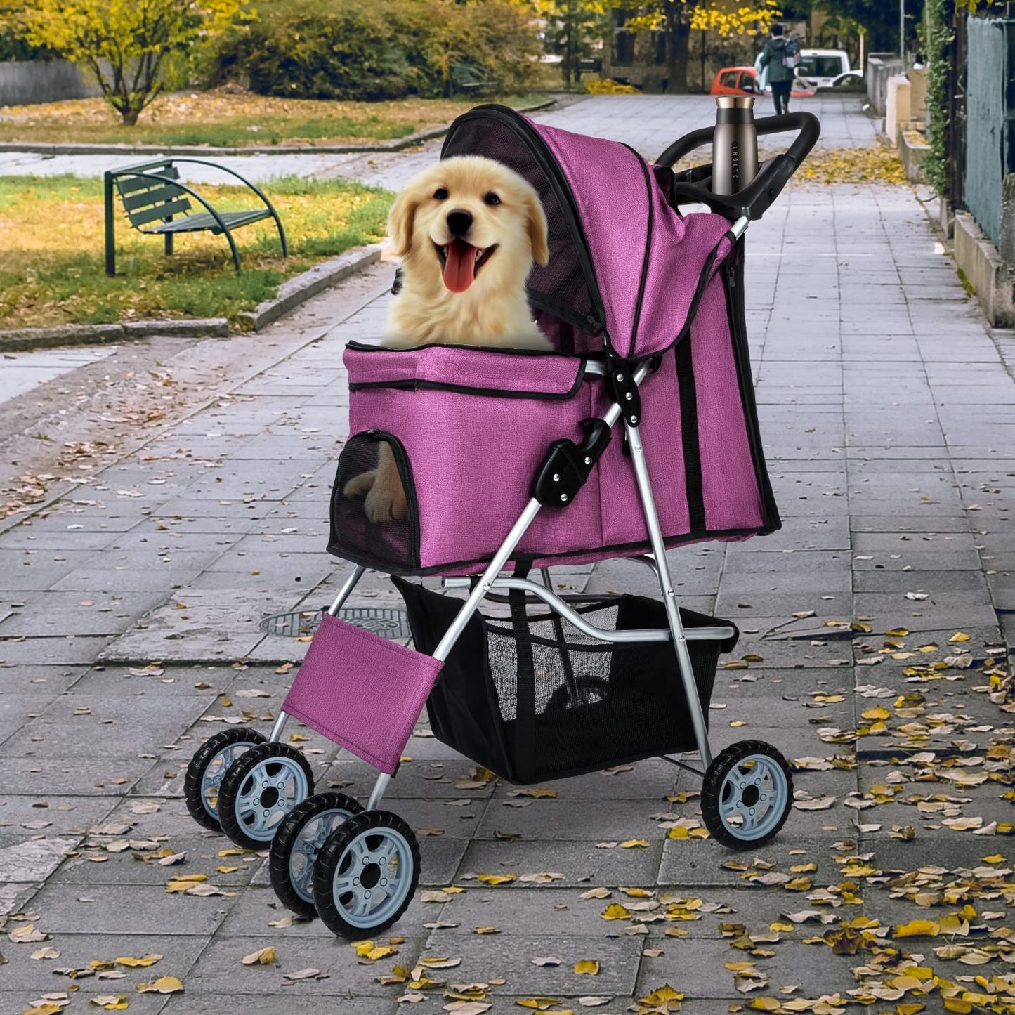 BestPet Pet Stroller Dog Cat Jogger Stroller for Medium Small Dogs Cats Folding Lightweight Travel Stroller with Cup Holder (Purple, 4 Wheels)