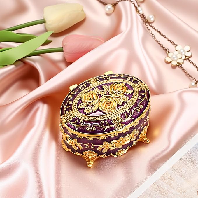 Hipiwe Vintage Oval Jewelry Storage Box Metal Trinket Organizer Purple Treasure Chest Box for Earring Necklace Ring Holder Gift for Women