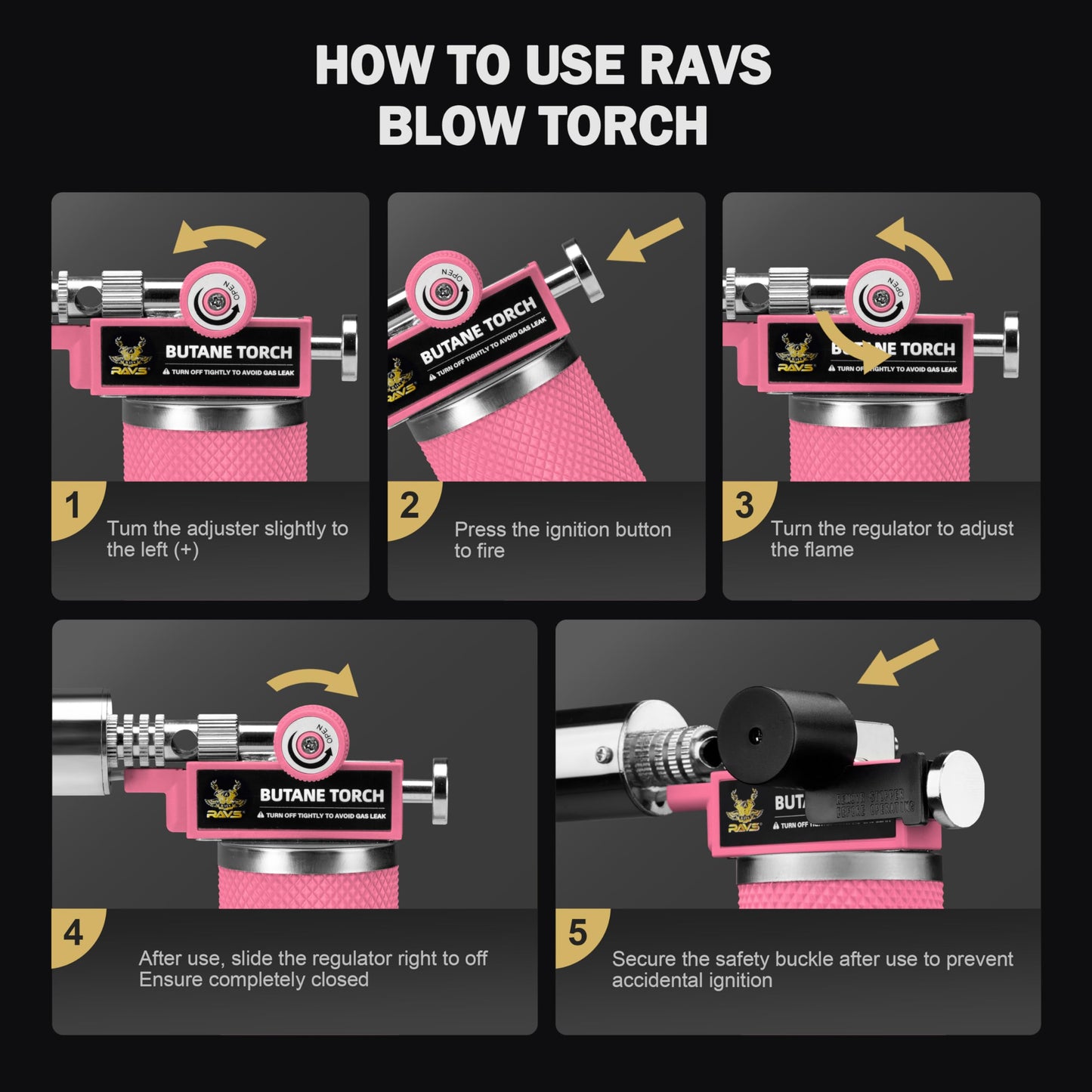 RAVS Butane Torch, Kitchen Torch Lighter for Creme Brulee with Adjustable Flame, Cooking Torch for Baking, BBQ, Desserts, Metal Mini Torch with Safety Buckle, Pink (Butane Not Included)