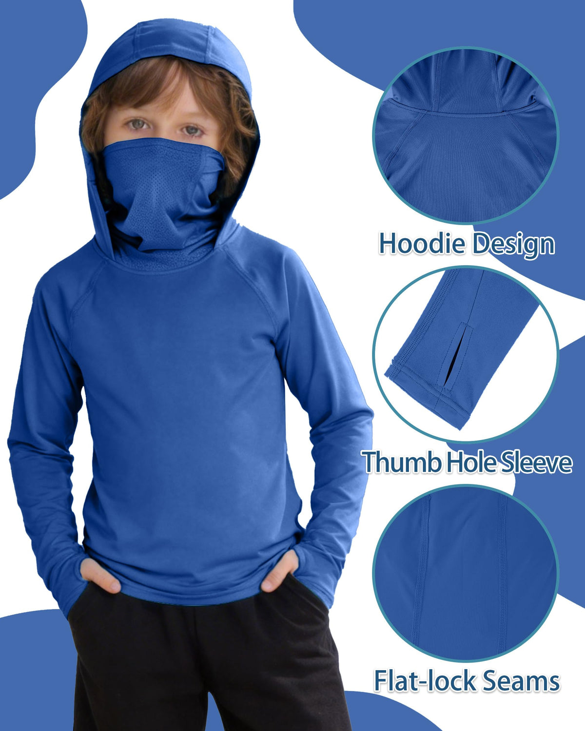 DRONIRING Boys Hooded Fishing Shirt with Mask, Kids UPF 50+ Long Sleeve Rash Guard Hoodie, Sun Protection Beach Swim Shirts Blue