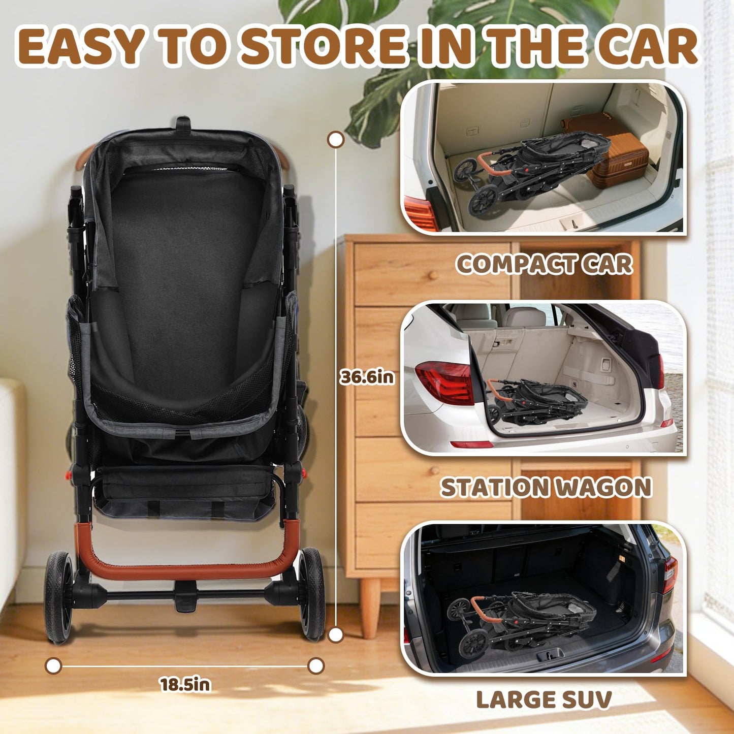 Dog Stroller for Small Pets, All-Terrain 4-Wheel Cat & Dog Carrier with 360° Front Wheels, Adjustable Handle & Canopy|Cup Holder & Storage Basket|Foldable in One Step|Ventilated Design for Comfort