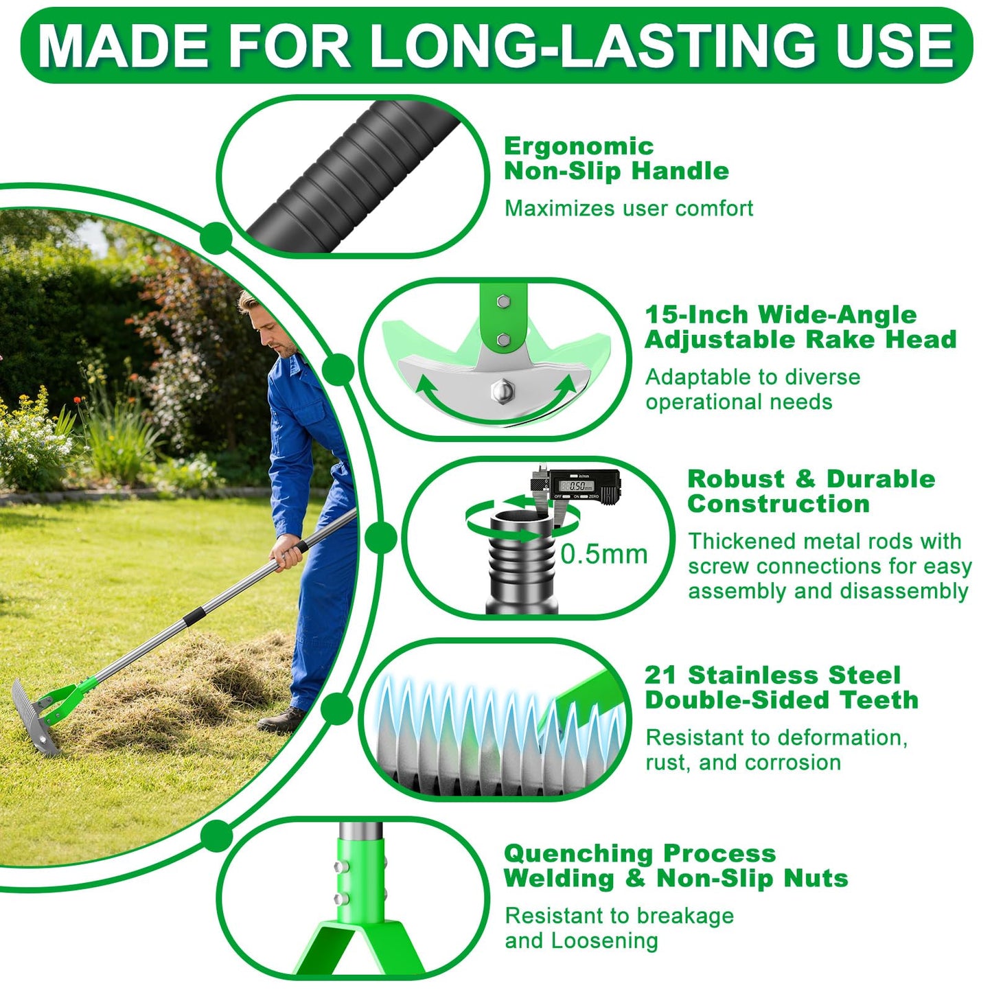 Thatch Rake for Lawn with 68" Adjustable Handle, 15" Heavy Duty Dethatcher Rake for Lawn, Thatching Rake with Dual-Action Tines, Dethatching Rake for Efficiently Removes Dead Grass, Loosens Soil