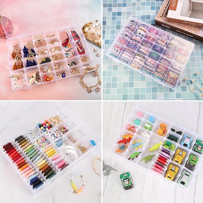 OUTUXED 2 Pack 36 Grids Clear Plastic Bead Organizer Box, Fishing Tackle Box Compartment Organizer with Adjustable Dividers for Jewelry, Art Craft, Bead Storage Containers with 5 Sheets Label Stickers