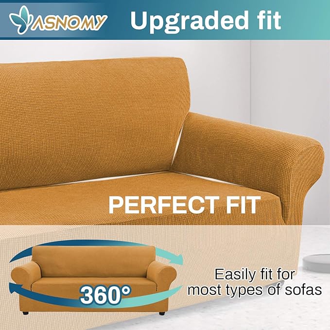 Asnomy Couch Covers for 3 Cushion Couch Stretch Sofa Covers Slipcovers, Pet Protector Furniture Covers for Dogs Cats Spandex Jacquard Fabric Small Checks （Large， Golden）