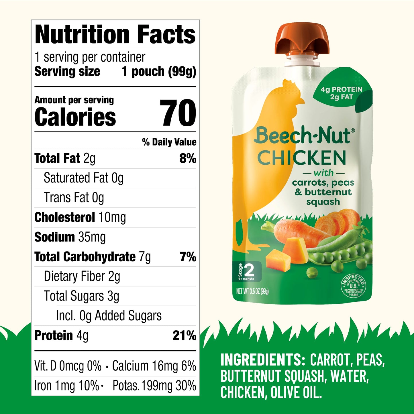 Beech-Nut Chicken Baby Food Pouches with 4g of Protein, Chicken Carrots Peas & Butternut Squash, Baby Puree Meat Baby Food Pouch, Stage 2, 3.5 oz Pouch (12 Pack)