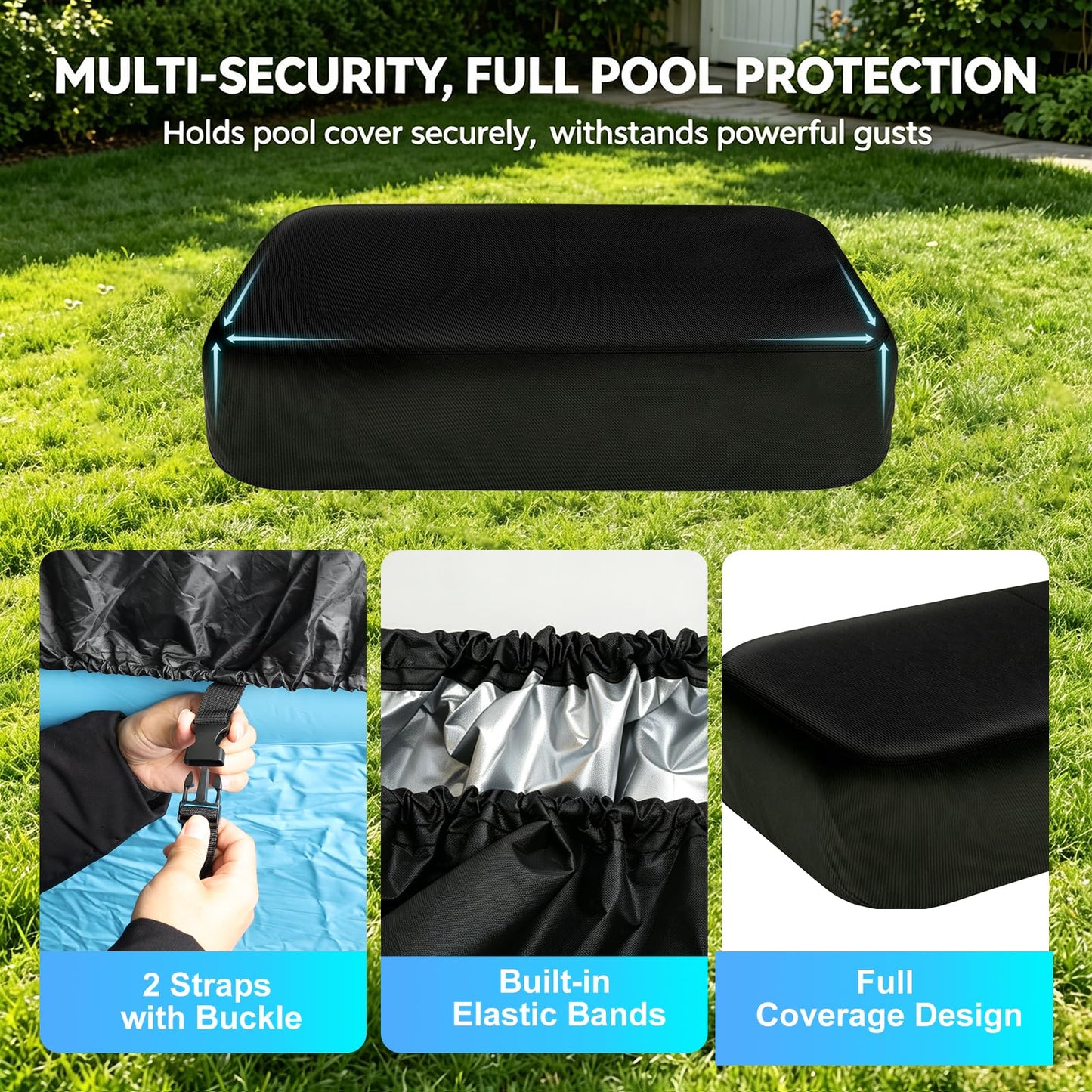 Rectangle Inflatable Pool Cover, Fits 120" L x 72" W Blow Up Pool Cover with Elastic Edge and 2 Buckle Straps, Thickened Waterproof Oxford Inflatable Pool Cover for Above Ground Pool 10'x 6'