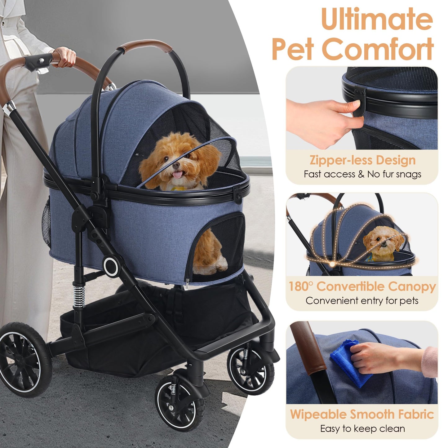 TODEFULL Pet Stroller with 4 Wheels, 3 in 1 Folding Puppy Strollers for Small/Medium Dogs Cats up to 50lbs, Lightweight Pet Travel Carrier with Detachable Cushion, Storage Basket and Cup Holder, Blue