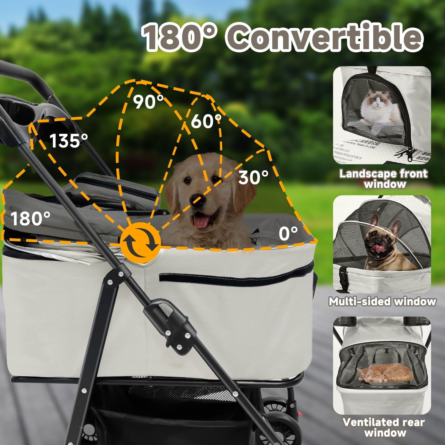 AODI Pet Stroller for Small Dogs and Cats with 4 Wheels, 3 in 1 Foldable Dog Stroller with Detachable Carrier, Breathable Mesh, Storage Basket & Cup Holder, Up to 33 lbs
