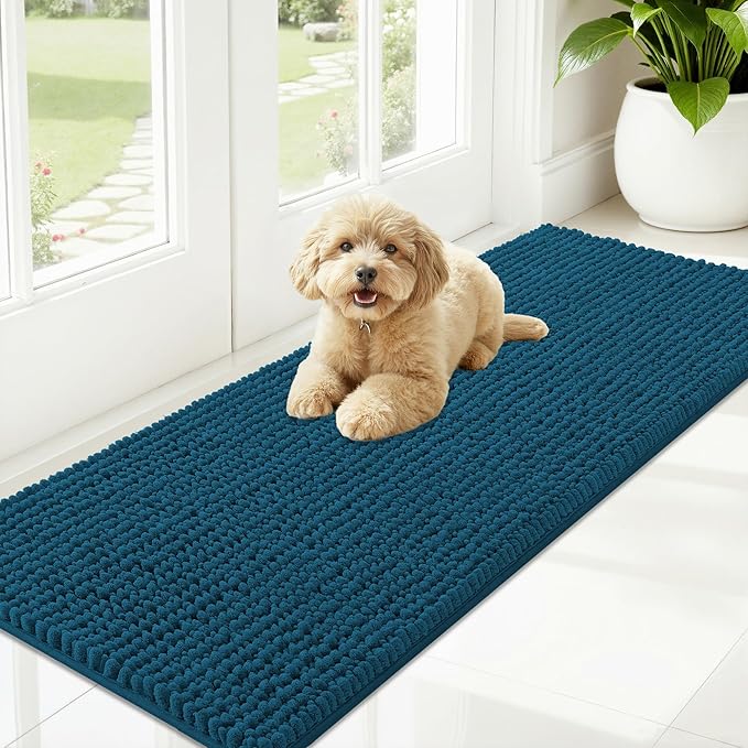 OLANLY Dog Door Mat for Muddy Paws 59x20, Ultra Absorbent Chenille Mud Doormat, Non-Slip Washable and Dirt Trapping Doormat for Indoor Entryway, Quick-Dry Indoor Pet Bed Mats for Dogs, Atlantic Blue