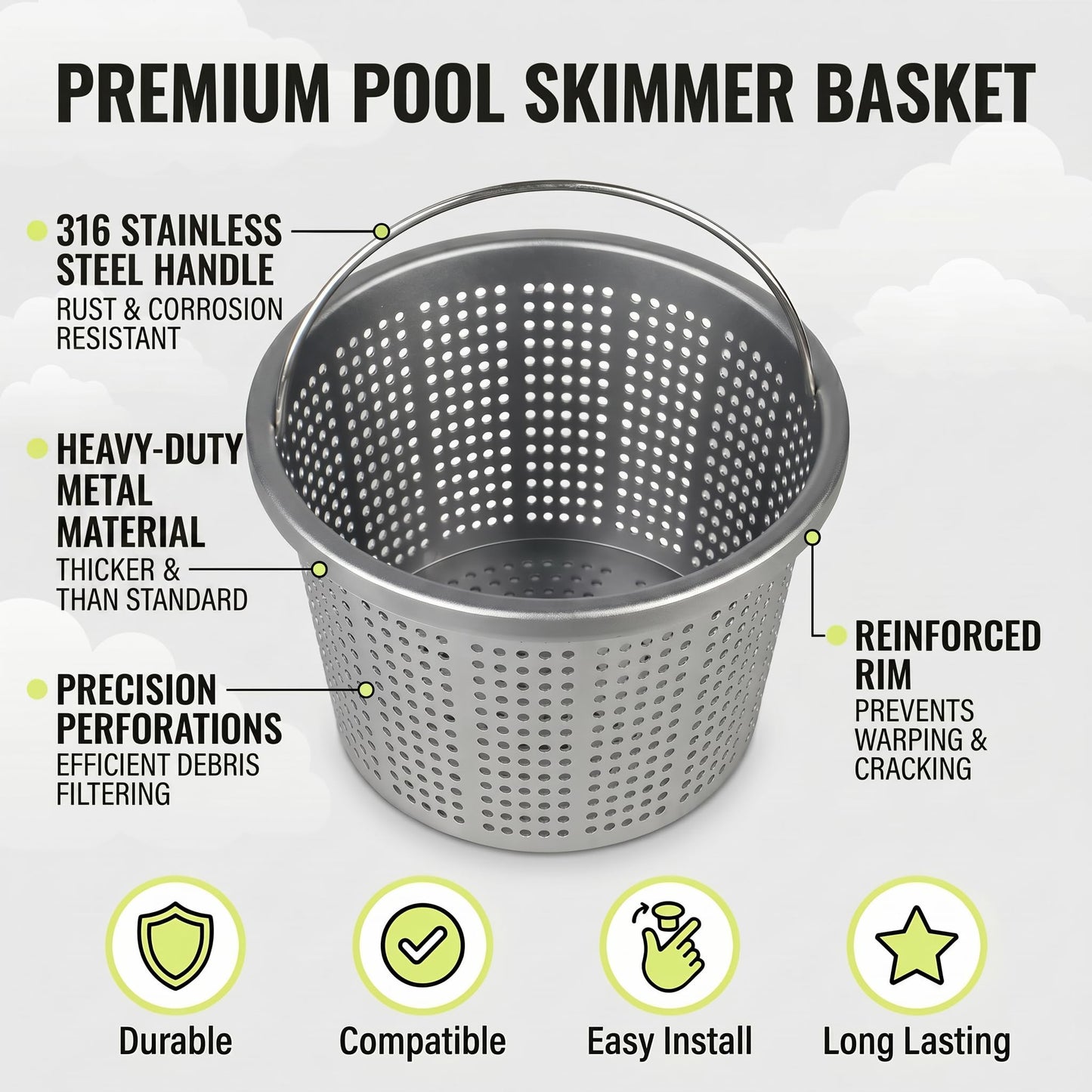 LVACODV Aluminum Pool Skimmer Basket Replacement for Pentair U-3 & Hayward SP1070/SPX1070E, 8-1/8" Top OD x 6.5" Bottom Dia x 5.5" H, 316 Stainless Steel Handle