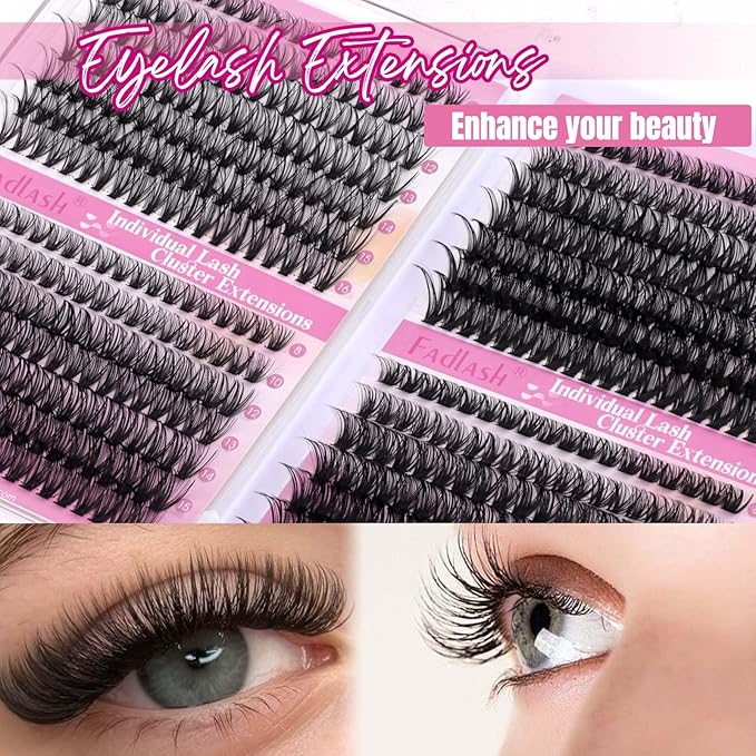 FADLASH Lash Clusters 546PCS Wispy Eyelash Clusters 30D+40D+50D+60D Individual Natural Lash Extensions 8-16mm Soft Thin Band DIY at Home