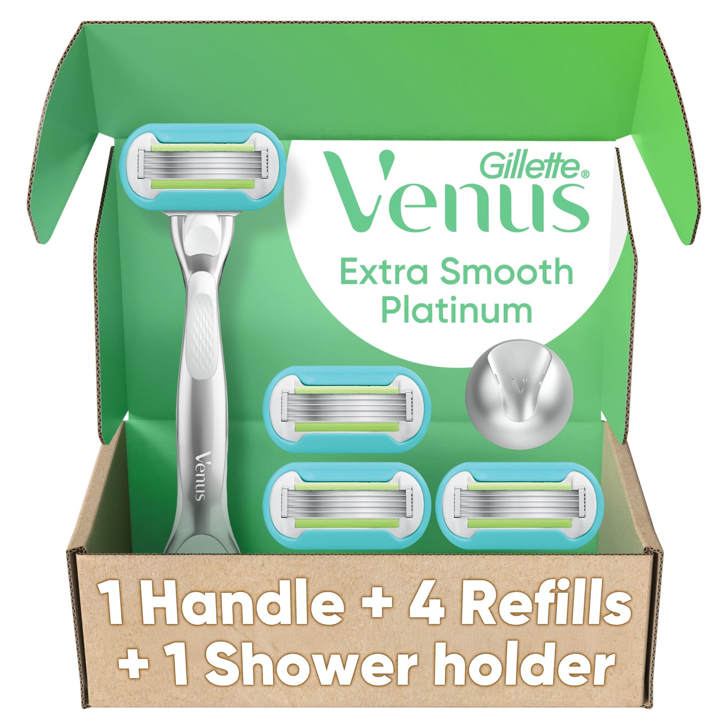 Gillette Venus Extra Smooth Razor for Women, Includes 1 Reusable Razor Handle + 4 count 5-Bladed Razor Refills, Women's Razor with Durable Metal Handle and Shower Holder