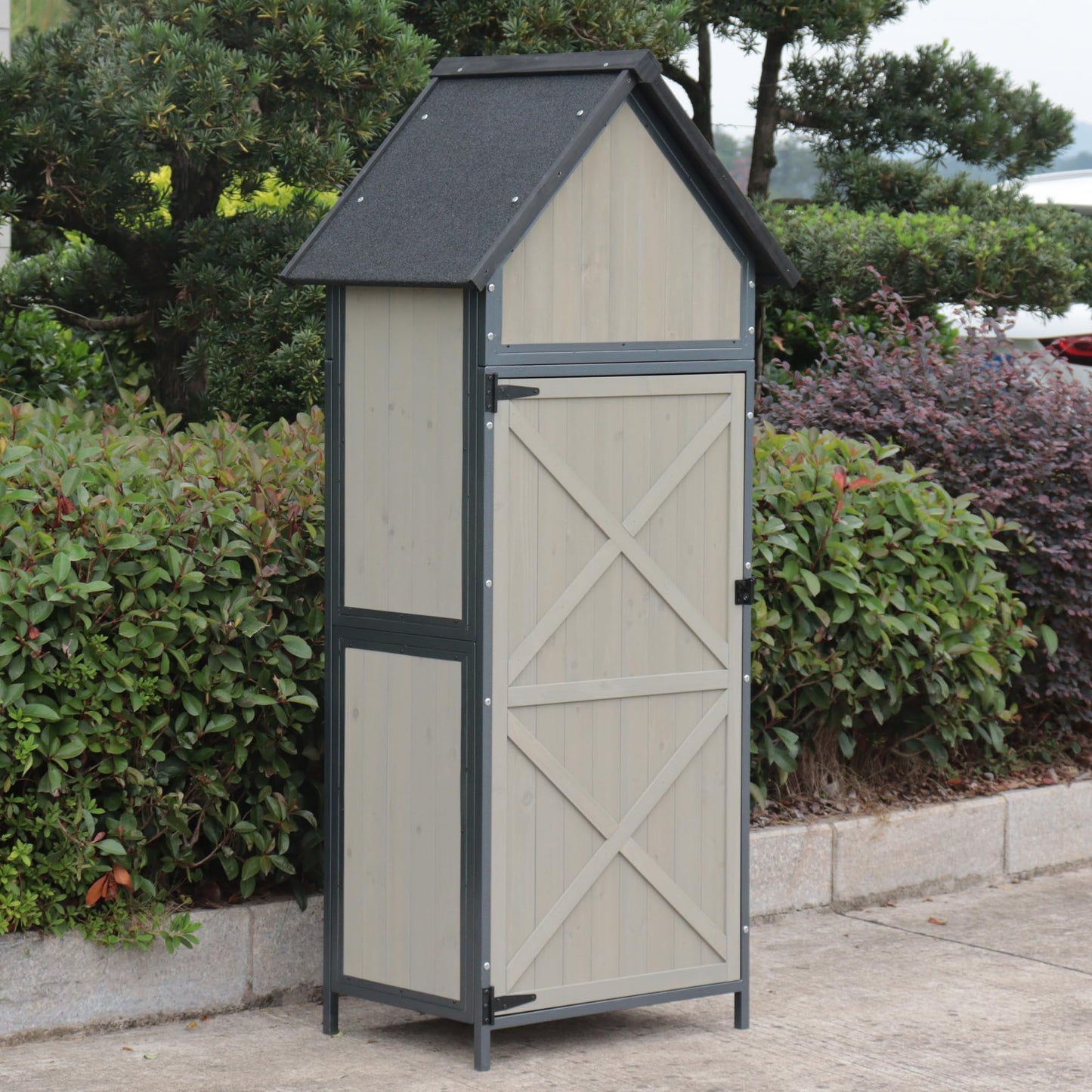 Outdoor Storage Shed with Floor, 68" Tall Wooden Garden Tool Cabinet, Metal-Framed Outdoor Tool Shed with Adjustable Shelves, Vertical Storage for Yard and Patio