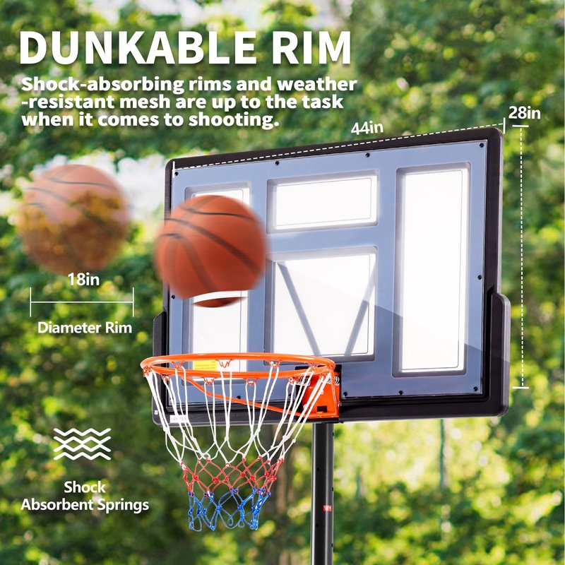 DUMOS 6.1-10FT Adjustable Height Portable Basketball Hoop Outdoor for Adult, 44 Inch Shatterproof Backboard w/Shock Absorbent Rim, Fillable Base, 2 Wheels for Swimming Pool/Indoor, Grey