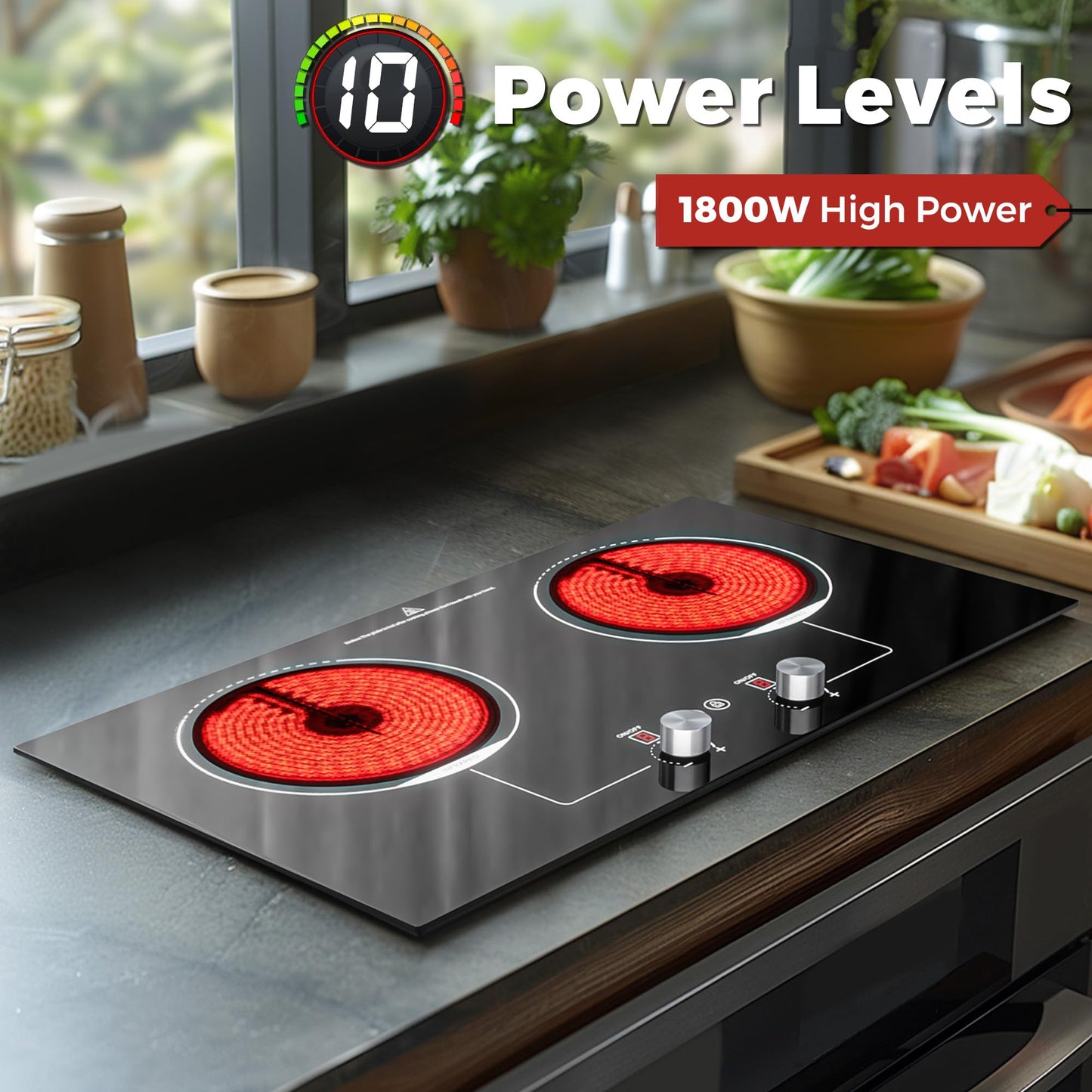 ADVWIN Electric Cooktop, 2 Burner Knob Control Plug in Built-in Ceramic Electric Stove Top with Child Safty Lock & Timer & Over-Temperature Protection & 10 Power Setting, 1800W, (3 burners (vertical))
