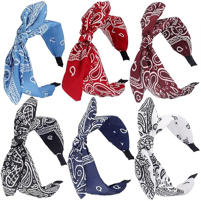 TOBATOBA 6pcs Paisley Knotted Bow Headbands with Removable Rabbit Ears - Top Knot & Turban Styles for Women & Girls