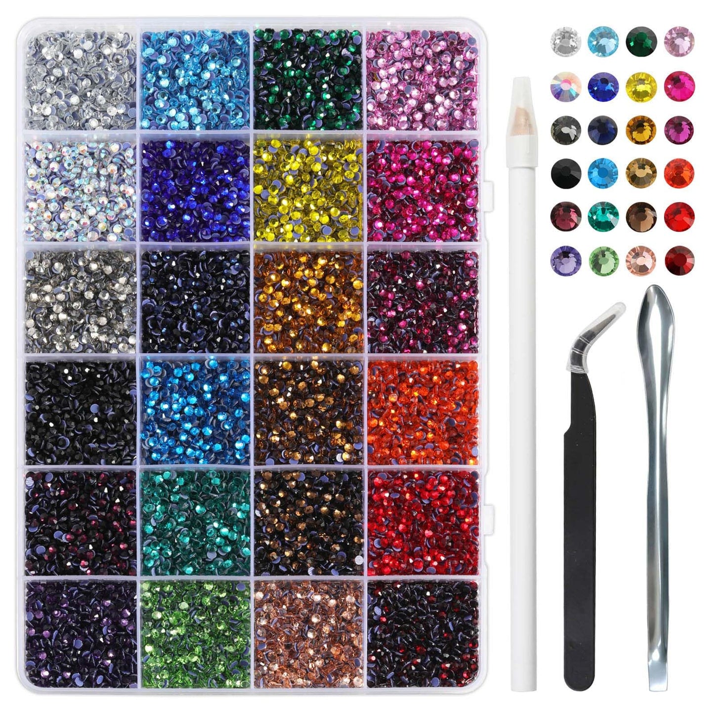 BEADSLAND Hotfix Rhinestones Mixed 24 Colors, SS10 Rhinestones for Crafts Clothes, Hotfix Crystals with 1 Tweezers, 1 Wax Pencil and 1 Spoon