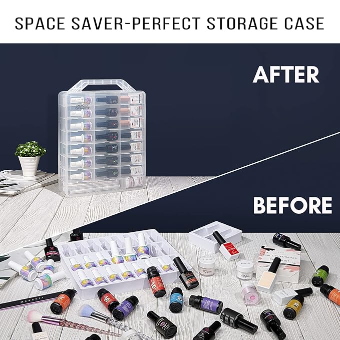 Makartt Nail Polish Organizer: Clear Universal Nail Polish Holder for 48 Bottles, Portable Sturdy Gel Nail Polish Organizer Case with 8 Adjustable Dividers, Space Saver for Nail Bottles Display Travel