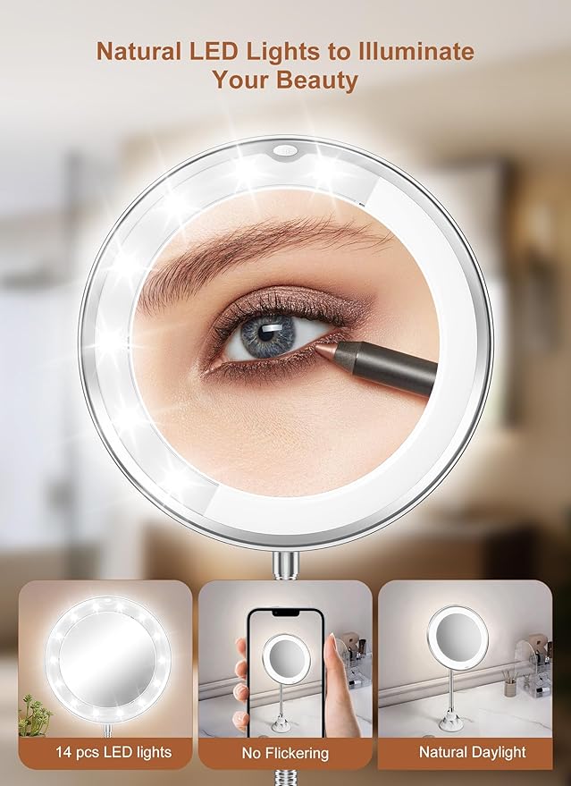 Brightown 10x Magnifying Mirror with Light, Flexible Gooseneck Make up Mirror with Lights and Magnification, Battery Operated Cordless with Suction Cups for Wall Bathroom Silver 1 Lighting