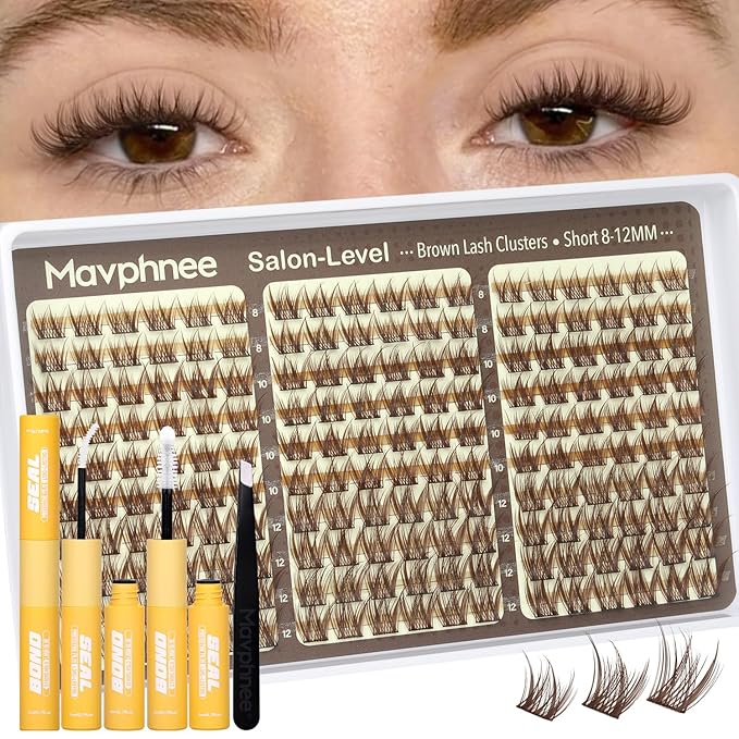 8-12MM Brown Lash Clusters Kit Natural Eyelash Clusters Wispy Cluster Eyelash Extensions Kit Fluffy Individual Lash Extensions with Bond and Seal for Soft Glam (180Pcs, C Curve)