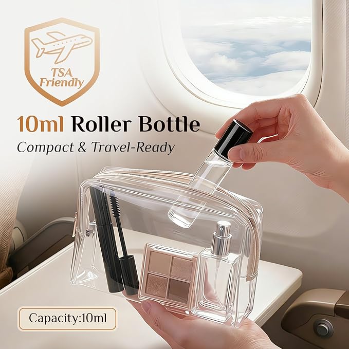 PrettyCare 12 Pack, 10 ml Essential Oil Roller Bottles with Stainless Steel Roller Ball - Refillable Leak-proof Empty Thick Clear Glass Roll on Bottles with Black Caps for Travel, Perfume