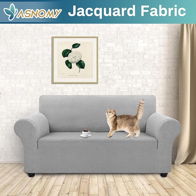 Asnomy Sofa Covers for 2 Cushion Couch Stretch loveseat Covers Slipcovers, Pet Protector Furniture Covers for Dogs Cats Spandex Jacquard Fabric Small Checks （Medium，Silver）