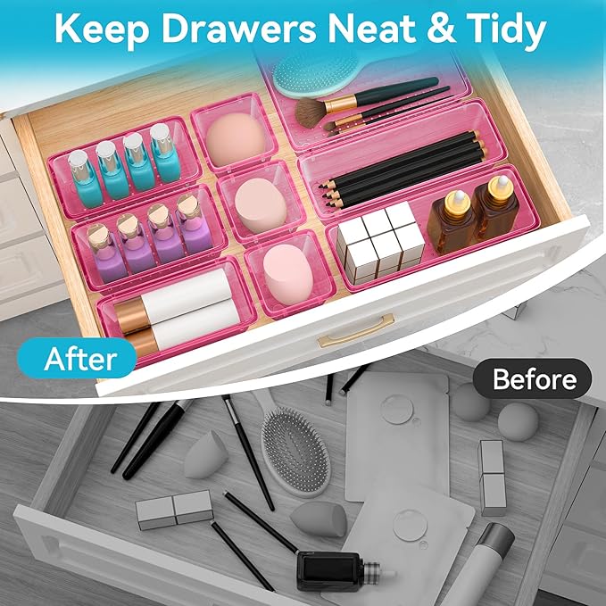 12 PCS Drawer Organizer Set, 4 Sizes Tool Storage Trays, Clear Plastic Makeup Vanity Organizer and Storage Bins for Stationeries, Multiple Gadgets for Office, Bedroom, Pink