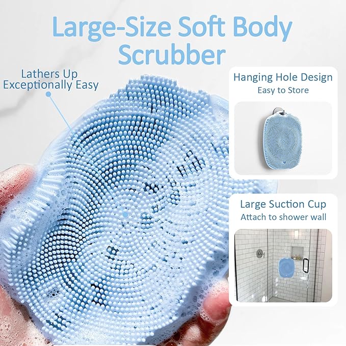 Soft Silicone Body Scrubber, Gentle Like a Hand Exfoliating Your Skin and Build Up Lather Easily, Back Large Suction Cup Easy to Store, Long-Lasting & Deep Clean (Blue)