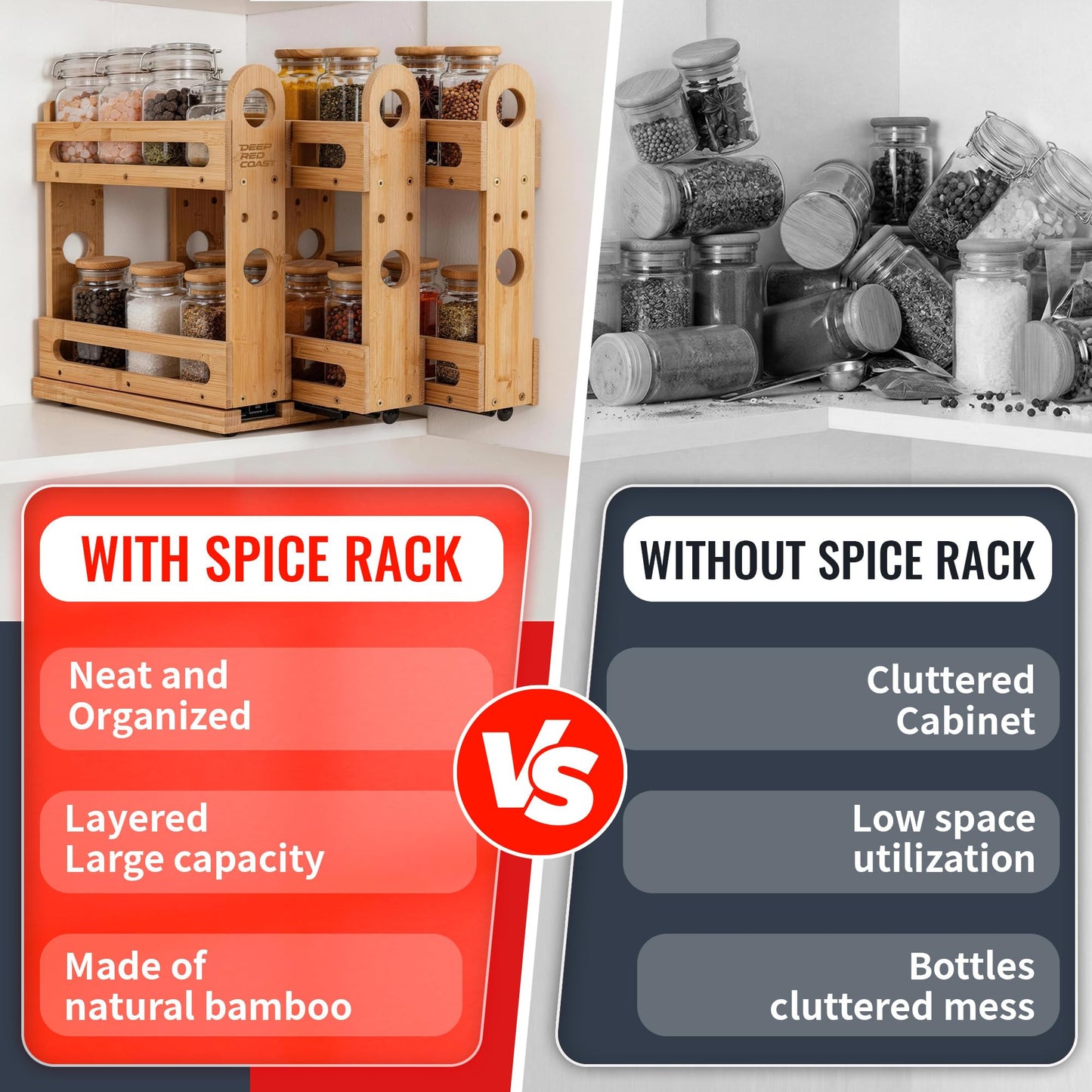 deepredcoast Pull Out Spice Rack Organizer for Cabinet Wide Slide Out Seasoning Rack Fits 2.1" Jars Large Capacity for Pantry Kitchen Cabinet 9" Deep Heavy Duty Easy Install