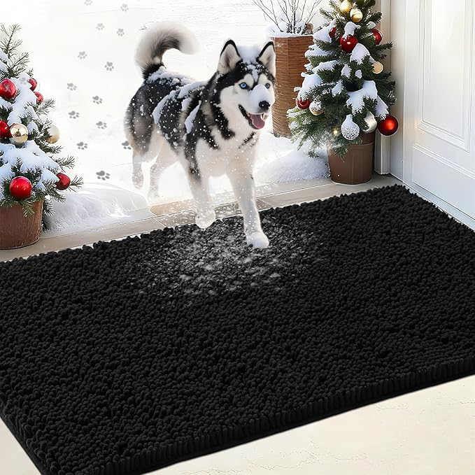 IM HOME Chenille Absorbent Outdoor Doormat 36" x 24", Washable Muddy Door Mats for Dog Non Slip Indoor Doormat Dog Mat for Muddy Paw Front Inside Doormats for Entryway Black