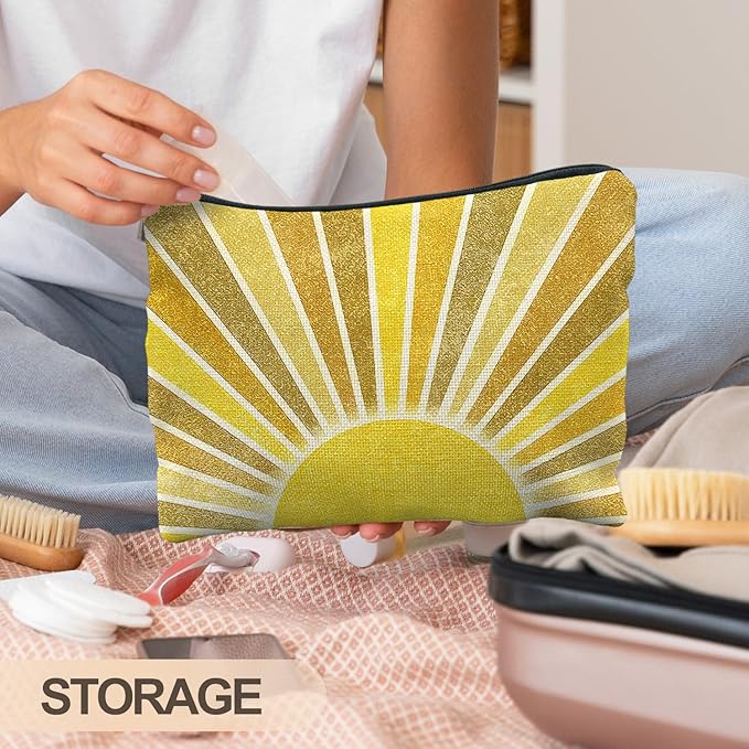 Boho Makeup Bag, Boho Abstract Yellow Sun Makeup Bags for Women, Boho Gifts for Women, Boho Makeup Pouch Zipper Pouch, Yellow Aesthetic Makeup Bag