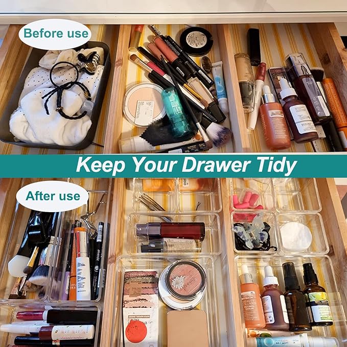 27 Pack Clear Plastic Drawer Organizer Set - 4 Sizes Makeup Vanity Organizer Chest of Drawers Storage Stackable Organizers Bins Divider Box for kitchens, Bedrooms, Bathrooms, Offices, Junk, Gadgets