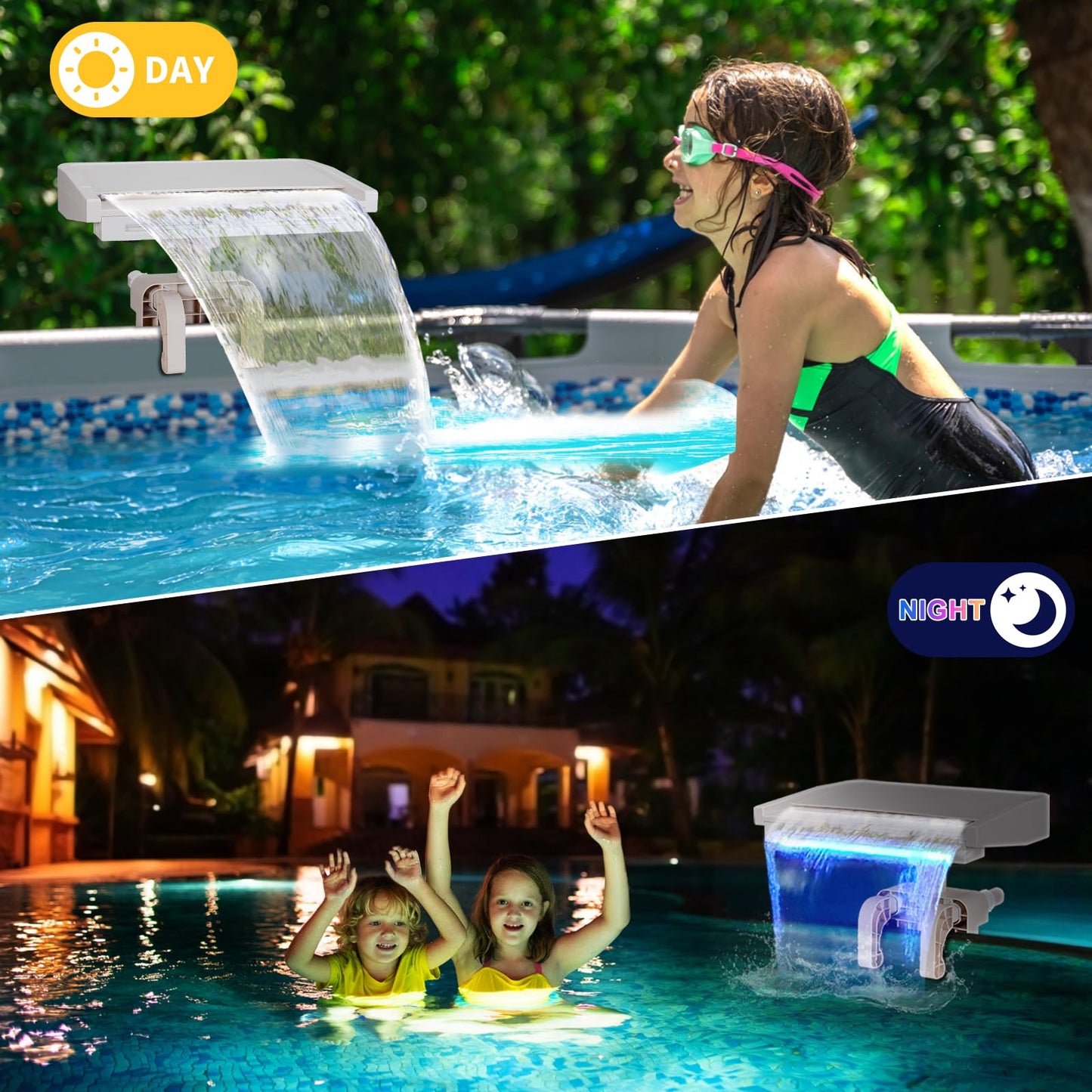 Pool Fountain Waterfall for Above Ground Pools, Swimming Pool Attachment Accessories, Relaxing Cascade Soothing Waterfall, Fits Various Frame Pools (with 7 LED Light)