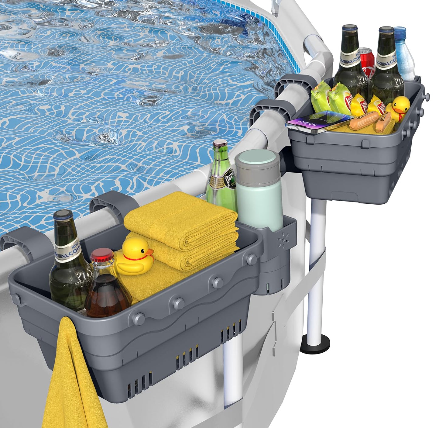VICHTOP 2026 Upgrade 2 Sets Poolside Storage Basket, Above Ground Pool Accessories, Swimming Pool Storage Basket with Cup Holder, Mesh Bag and Support Bar to Organize Towel Pool Toy