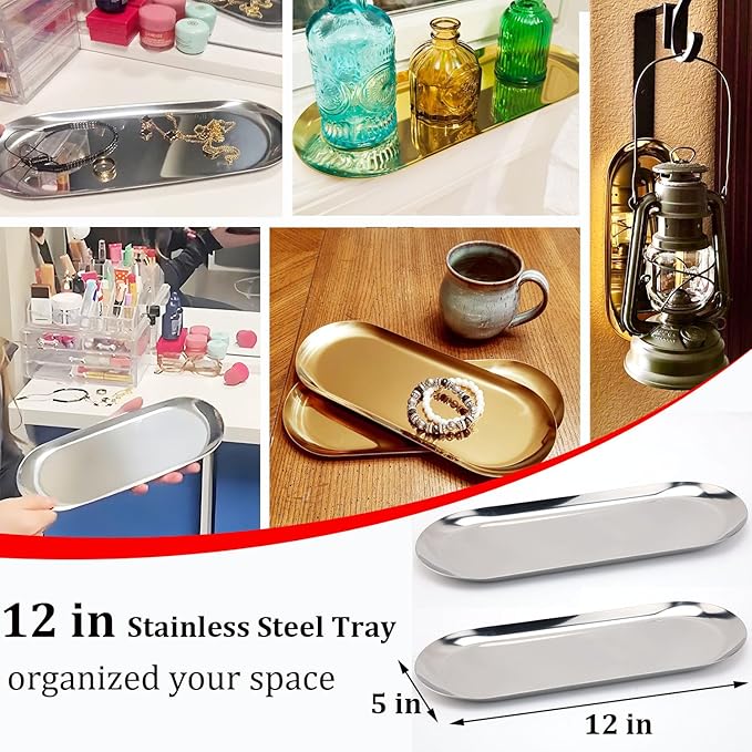 Fermus Stainless Steel Decorative Tray, Set of 2, 12 Inch Long, Jewelry Dish Cosmetics Organizer Bathroom Clutter Serving Platter Small Storage Tray, Oval, Silver