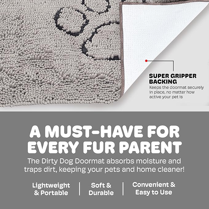Dog Gone Smart Dirty Dog Doormat - Fast Drying Rug with Super Gripper Backing for Clean Floors - Super Absorbent and Machine Washable Mat for Muddy Paws - Silver Grey