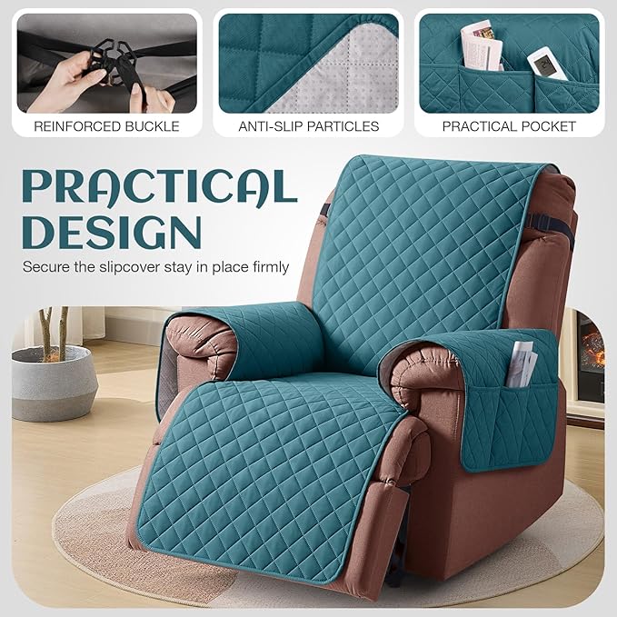 KinCam 100% Waterproof Recliner Chair Cover, Reclining Couch Covers for Pets, Dogs, Recliner Couch Slipcover Furniture Protector with Elastic Straps for Kids(23.6", Peacock Blue)
