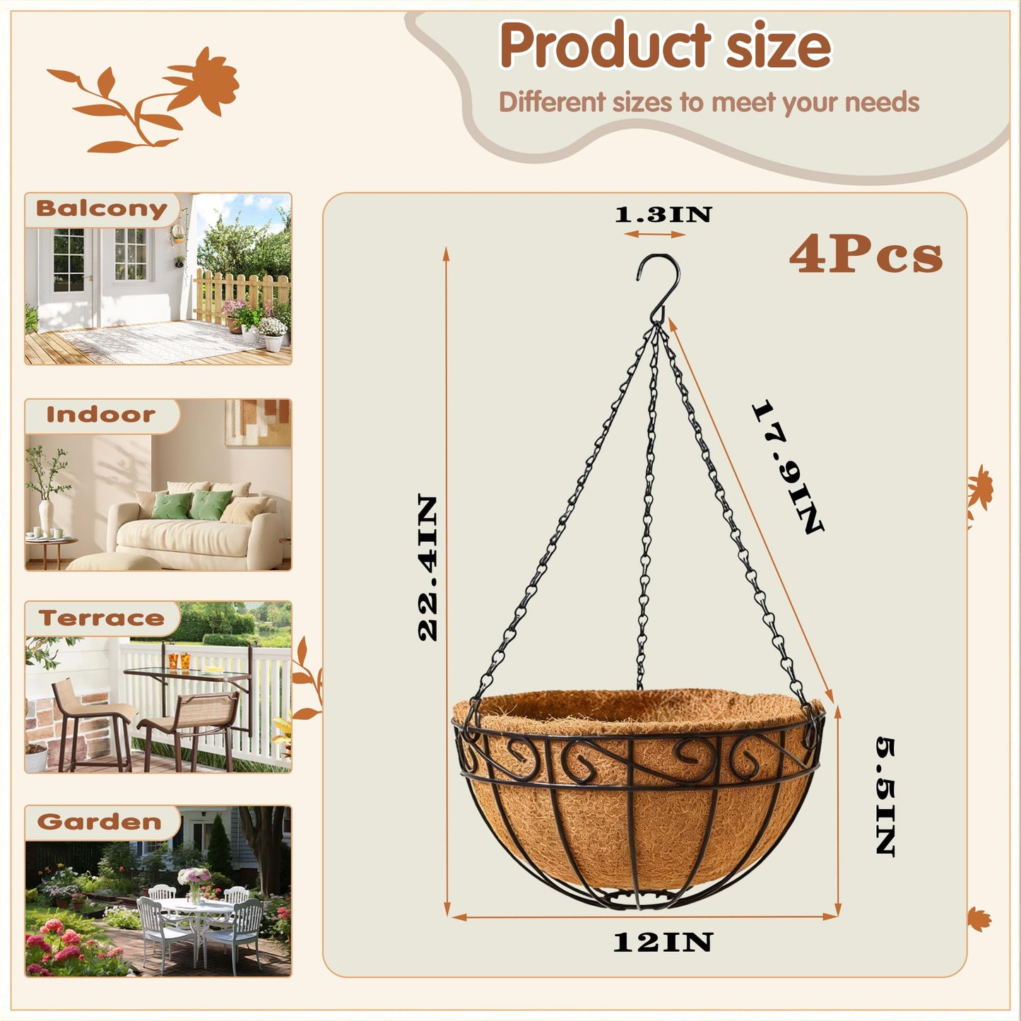 12 inch Metal Hanging Baskets For Plants Outdoor 4 Pack Round Metal Wire Hanging Basket Planter with Coco Fiber Liners Chain Round Wire Plant Holder for Garden, Patio, Deck, Porch Plants Flower Potss
