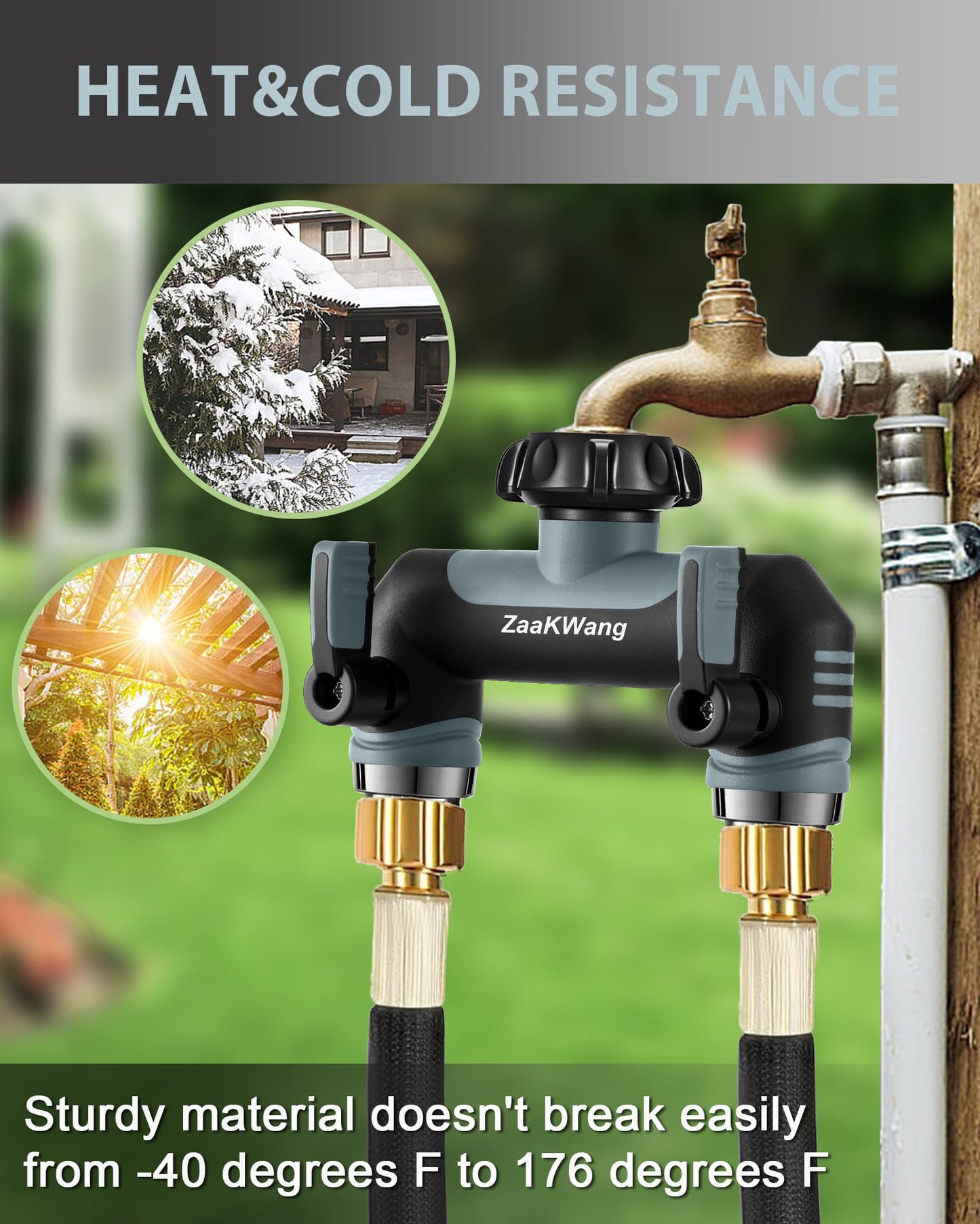 ZaakWang Garden Hose Splitter 2 Way, Heavy Duty Water Hose Spigot Bib Splitter, Outdoor Faucet Splitter with Shutoff Valve, T Adapter Connector with 3/4 - Inch GHT Thread (Grey)