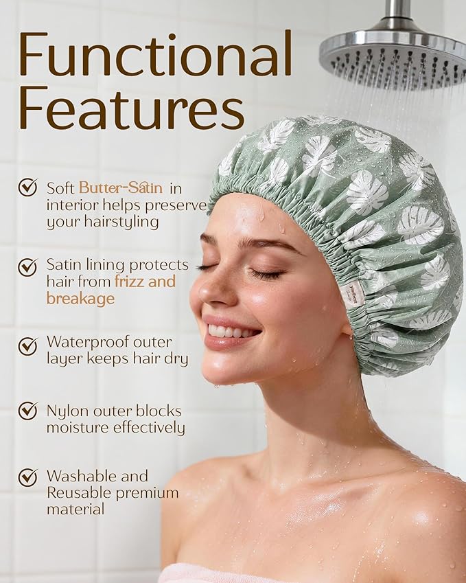 Yanibest Satin Lined Shower Cap for Women Reusable Waterproof, Frizz Free & Large Bath Cap with Soft Elastic Band, Luxury Hair Protection Caps (Green Leaves)