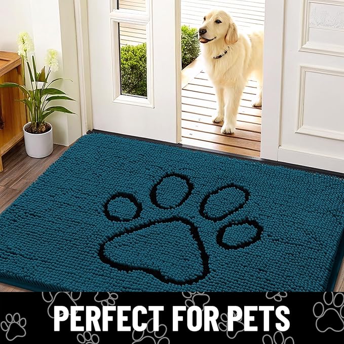 Smiry Dog Door Mat for Muddy Paws, Absorbent Dirt Trapper Non Slip Quick Dry Washable Chenille Mat for Mud Dogs, Entry Rug for Indoor and Outdoor (30x20 Inches, Atlantic Blue and Black)