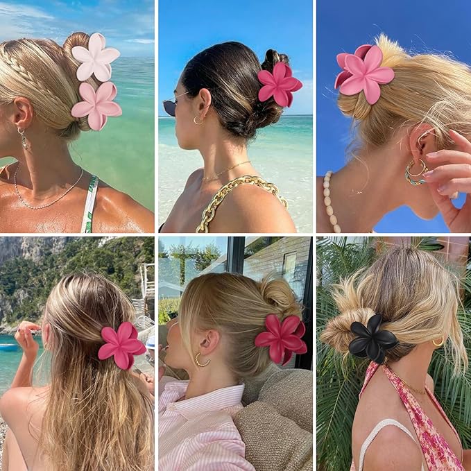 Flower Hair Clips for Women 6 Pcs Hawaiian Large Claw Clips Plumeria Medium Hair Claw Clips for Thick Thin Hair Hibiscus Tropical Beach Hair Accessories for Women Girls and Girls (Pink)