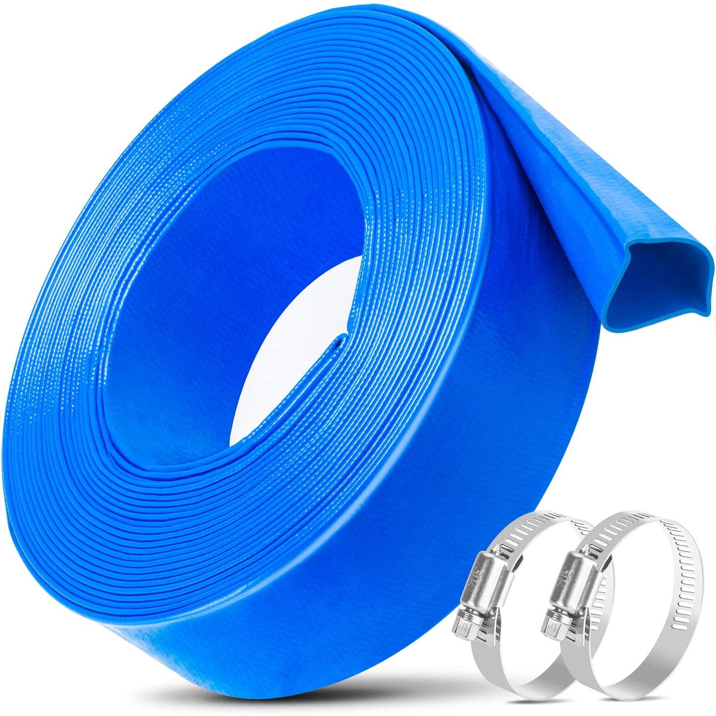 Jin&Bao 2" x 25 FT Pool Backwash Hose, Heavy Duty Reinforced Lay-Flat Discharge Hose, Burst Resistant Drain Hose with 2 Clamps, for Pool Filter & Sump Pump-Blue
