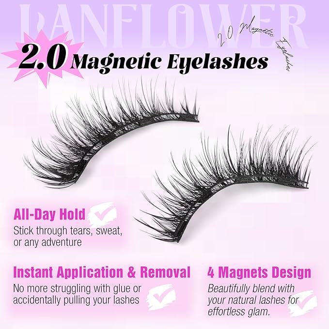 Lanflower Magnetic Eyelashes Natural Look, Reusable Magnetic Eyelashes with Applicator, No Need Glue Magnetic Lashes, Natural Wispy Cat Eye False Eyelashes with Magnets, Waterproof, Easy to Apply