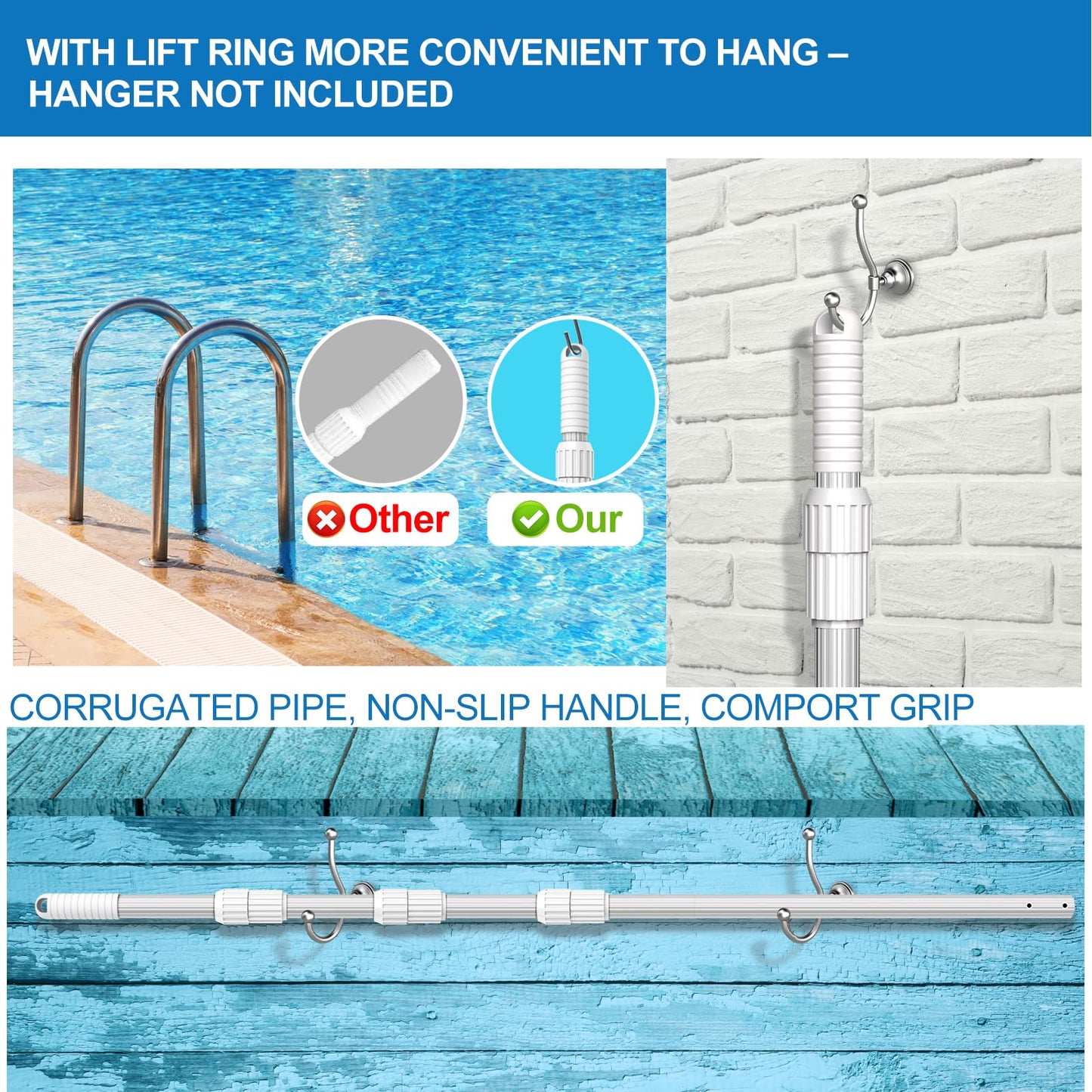 ARLBA Upgraded Professional 16.5 Feet Swimming Pool Pole Telescopic Aluminum Thicken 1.30mm Adjustable Fits Skimmer Net Rake Vacuum Head Brush Pool Cleaning Equipment Heavy Duty -Universal Fit 1-1/4