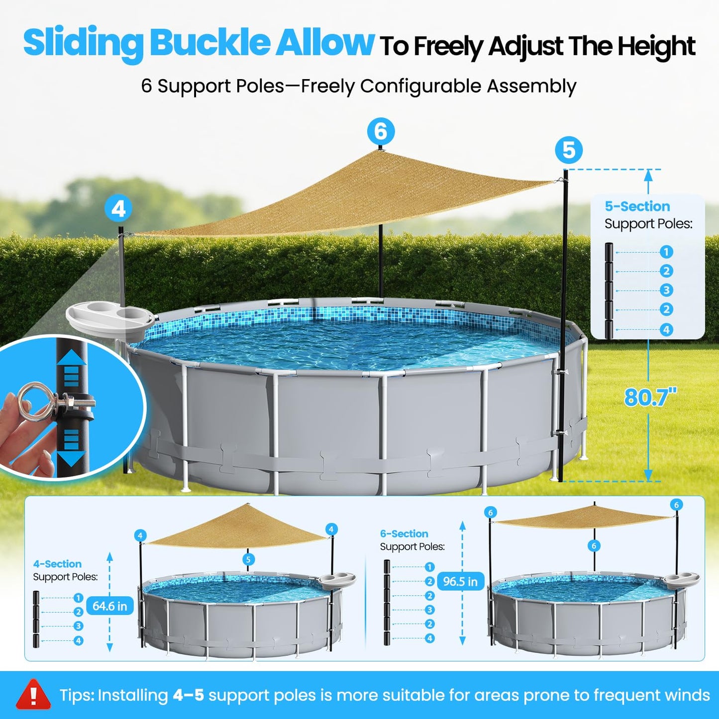 Vidoya Pool Shade Set for 11-16 Ft Above Ground Pools - UV-Resistant Shade Sail Triangular 10'x10'x10' with Storage Tray, Outdoor Sun Shade Canopy with Poles for Deck, Patio, Garden, Pool Accessories